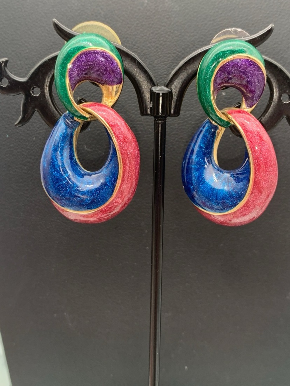 Vintage 80’s gold tone & Multicolor enamel door knocker style Drop Earrings
